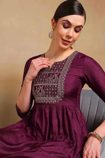 women purple silk blend solid yoke design flared empire kurta pant with dupatta