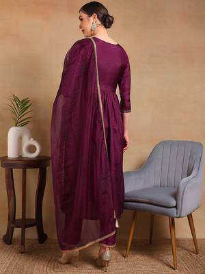 women purple silk blend solid yoke design flared empire kurta pant with dupatta 3
