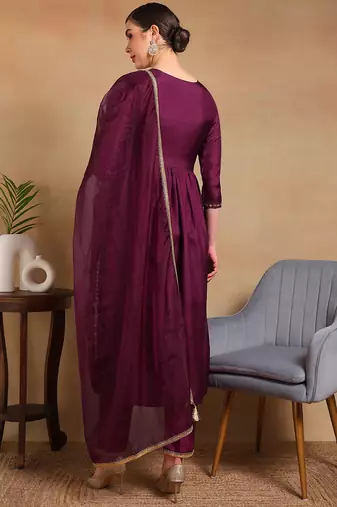 women purple silk blend solid yoke design flared empire kurta pant with dupatta