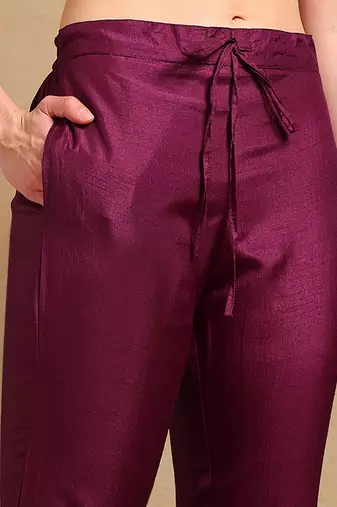 women purple silk blend solid yoke design flared empire kurta pant with dupatta