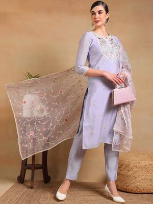 women purple silk blend solid embroidered straight regular kurta pant with dupatta 1