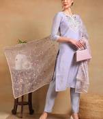 women purple silk blend solid embroidered straight regular kurta pant with dupatta