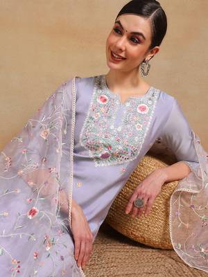 women purple silk blend solid embroidered straight regular kurta pant with dupatta 2