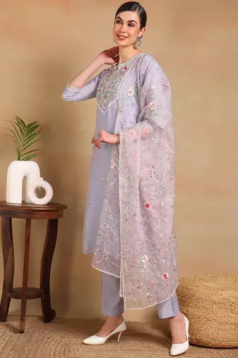 women purple silk blend solid embroidered straight regular kurta pant with dupatta