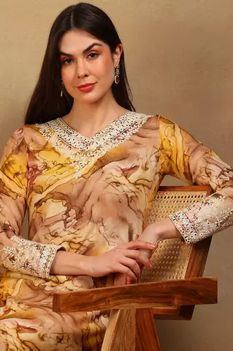 women mustard viscose rayon tie and dye printed straight kurta