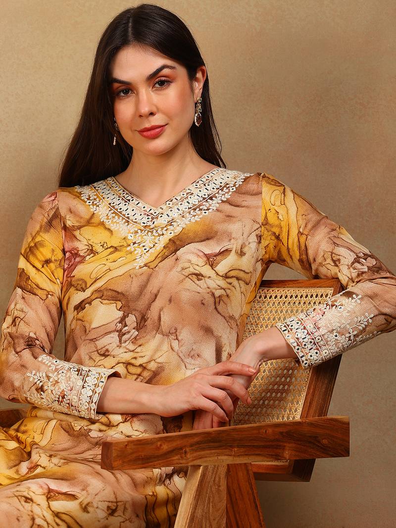 women mustard viscose rayon tie and dye printed straight kurta