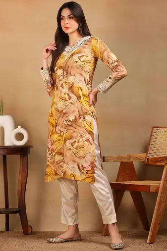 women mustard viscose rayon tie and dye printed straight kurta