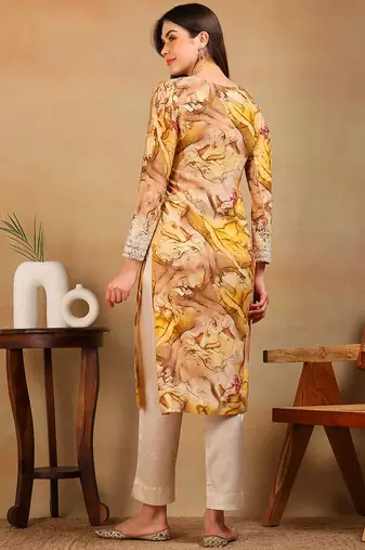 women mustard viscose rayon tie and dye printed straight kurta