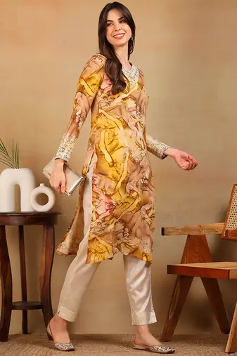 women mustard viscose rayon tie and dye printed straight kurta