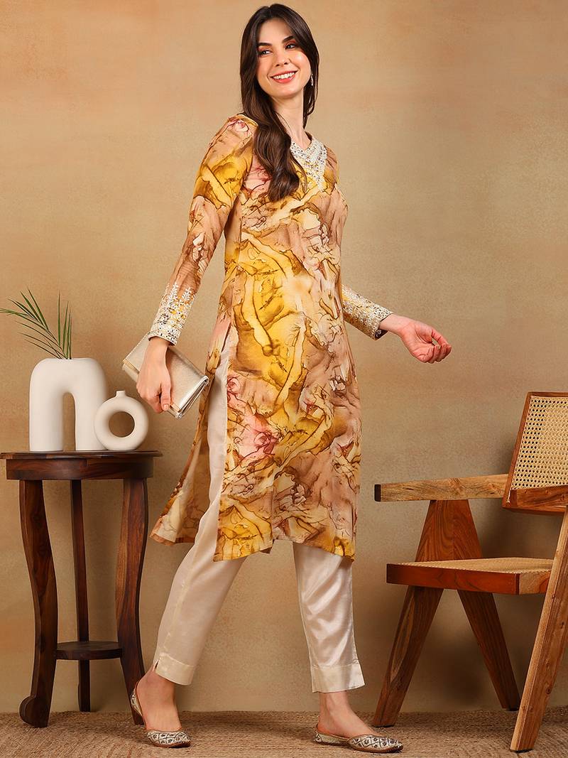 women mustard viscose rayon tie and dye printed straight kurta