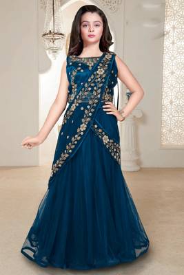 Teal Blue new stone and Embroidery work half saree styled kids lehenga choli for girls 1