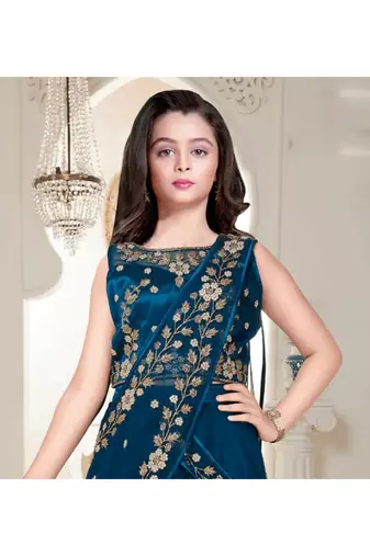 Teal Blue new stone and Embroidery work half saree styled kids lehenga choli for girls