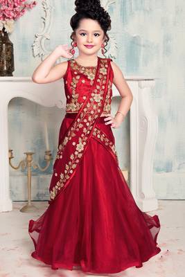 Elegant Red Indo-Western Gown with Dupatta Drape for Girls 1