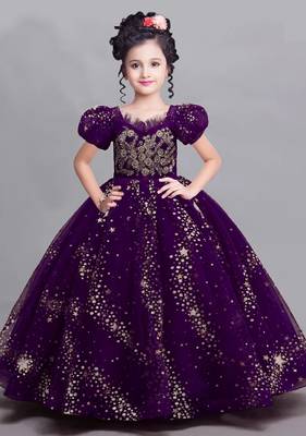 White Button Purple New Latest Star net Birthday Kids Gown for Girls Maxi Dress Gown 1