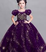 White Button Purple New Latest Star net Birthday Kids Gown for Girls Maxi Dress Gown