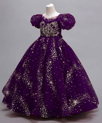 White Button Purple New Latest Star net Birthday Kids Gown for Girls Maxi Dress Gown 2