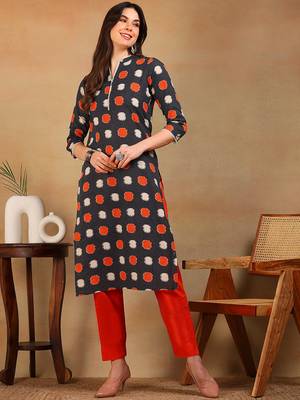 women charcoal cotton abstract printed straight kurta 1