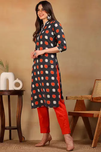 women charcoal cotton abstract printed straight kurta