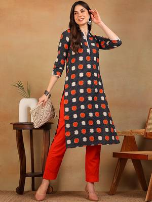 women charcoal cotton abstract printed straight kurta 5
