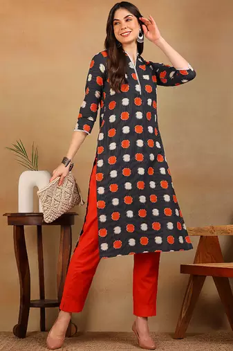 women charcoal cotton abstract printed straight kurta