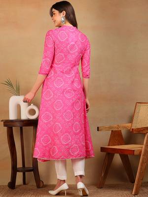 women pink cotton bandhani printed a-line kurta 4