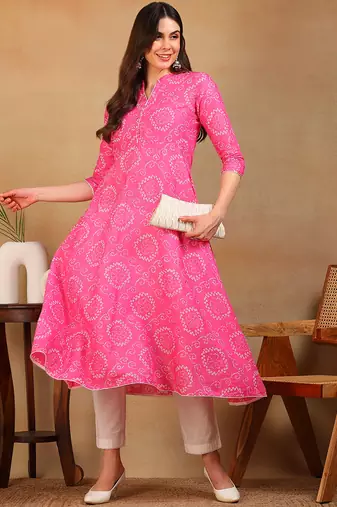 women pink cotton bandhani printed a-line kurta