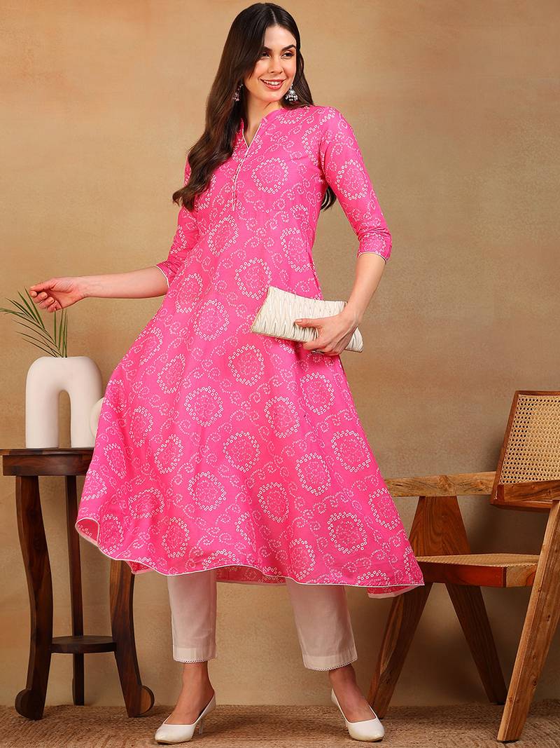 women pink cotton bandhani printed a-line kurta