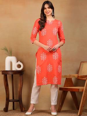 women coral cotton ethnic motifs printed straight kurta 1