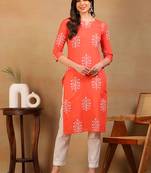women coral cotton ethnic motifs printed straight kurta