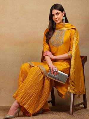 Mustard Silk Zari Work Palazzo Set 1