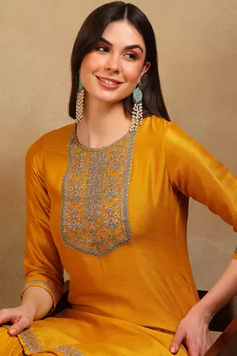 Mustard Silk Zari Work Palazzo Set