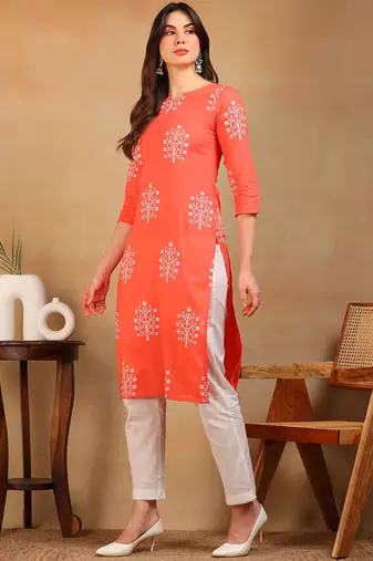 women coral cotton ethnic motifs printed straight kurta