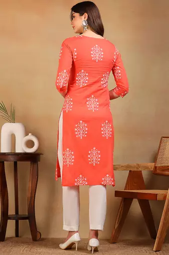 women coral cotton ethnic motifs printed straight kurta