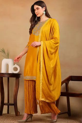 Mustard Silk Zari Work Palazzo Set