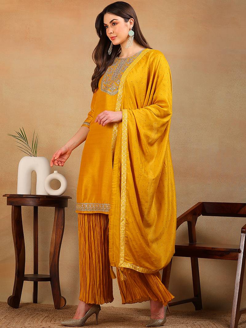 Mustard Silk Zari Work Palazzo Set