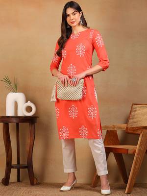women coral cotton ethnic motifs printed straight kurta 5