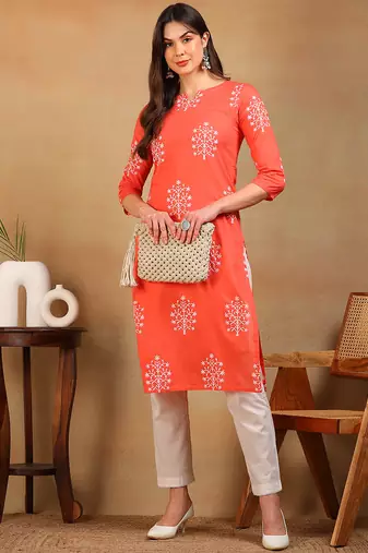women coral cotton ethnic motifs printed straight kurta