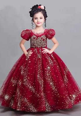 White Button Red New Latest Star net Birthday Kids Gown for Girls Maxi Dress Gown 1