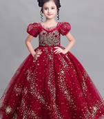 White Button Red New Latest Star net Birthday Kids Gown for Girls Maxi Dress Gown