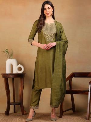 women olive silk blend solid embroidered straight kurta pant with dupatta 1