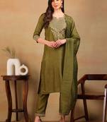 women olive silk blend solid embroidered straight kurta pant with dupatta