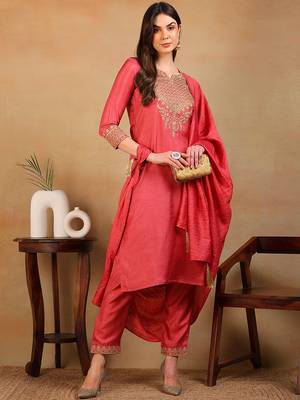 women rust silk blend solid embroidered straight kurta pant with dupatta 1