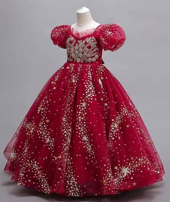 White Button Red New Latest Star net Birthday Kids Gown for Girls Maxi Dress Gown 2