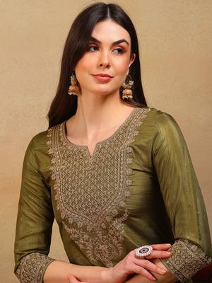 women olive silk blend solid embroidered straight kurta pant with dupatta 2