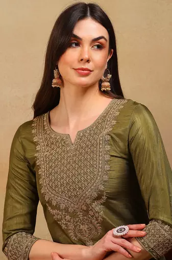 women olive silk blend solid embroidered straight kurta pant with dupatta