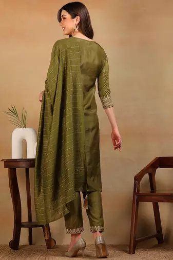 women olive silk blend solid embroidered straight kurta pant with dupatta