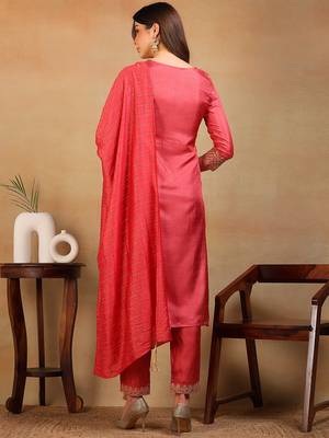 women rust silk blend solid embroidered straight kurta pant with dupatta 4