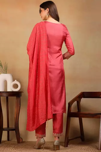 women rust silk blend solid embroidered straight kurta pant with dupatta