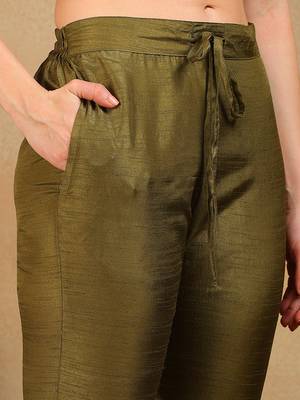 women olive silk blend solid embroidered straight kurta pant with dupatta 5