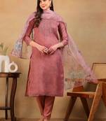 women mauve organza floral embroidered straight regular kurta pant with dupatta